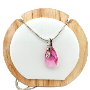 925 Sterling Silver Rhodium Plated Pink Teardrop Pendant with necklace 7 inch